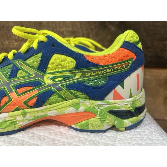 ASICS Gel Noosa Tri 7 Mens  8.5 Running Shoes Neon Green Blue Orange T214N EUC